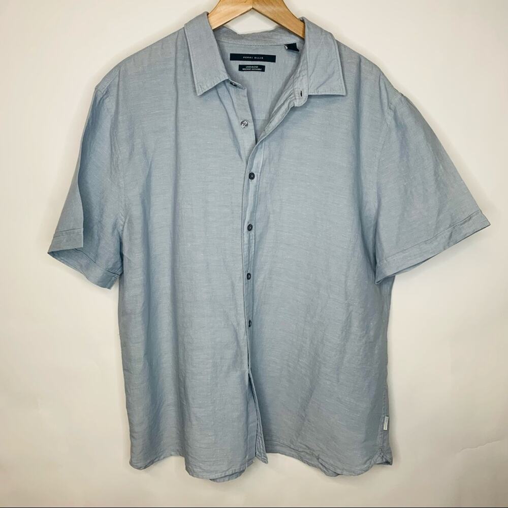 Perry Ellis Blue Linen Shirt Short Sleeve Sz XXL